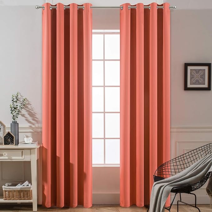 Yakamok Room Darkening Curtains 52x96 inch Length Coral Orange-Living Room | 2 panels,grommet blackout window treatment,thermal insulated,light blocking drapes,privacy protection,bedroom dining room