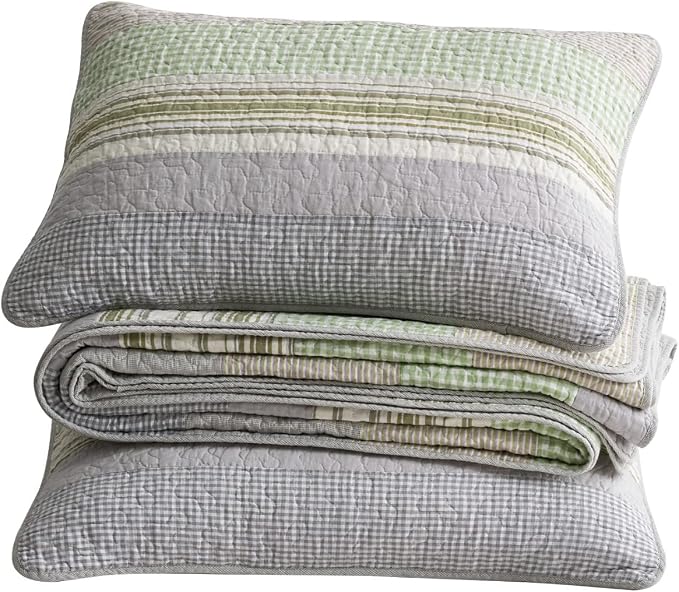Chezmoi Collection Rene 3-Piece Boho Chic Patchwork Stripe Quilt Set - Green Gray White Plaid Candy Stripe Reversible Bedspread - Pre-Washed Cotton Lightweight Coverlet, Queen Size