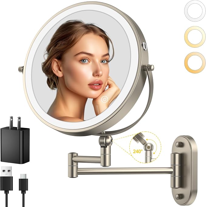 IMIKONA 9" Wall Mounted Lighted Makeup Mirror,4000mAh Rechargeable Double Sided 1X/10X Magnifying Mirror with Light,3 Color Lights,Touch Dimmable,Extended Arm 360 Rotation Wall Mounted Makeup Mirror