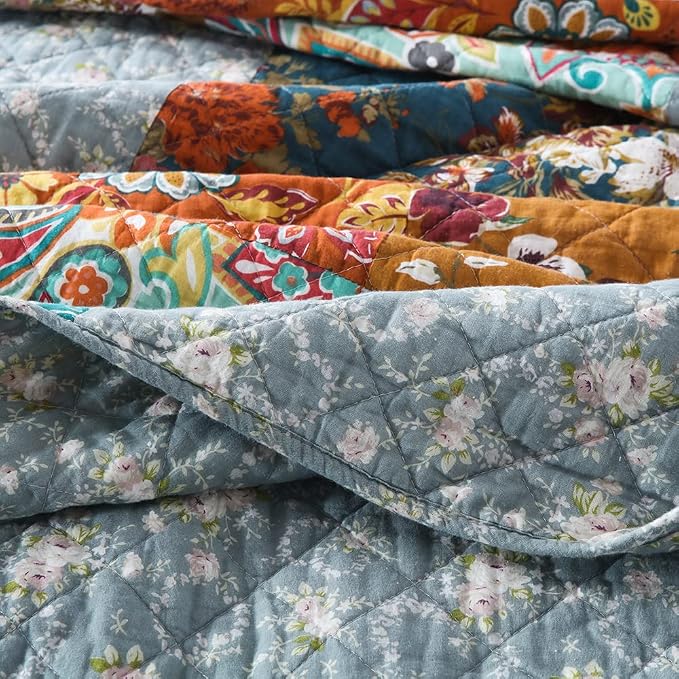 VISIMISI Cotton Bedspread Quilt Sets Reversible Bedding Coverlet Sets 3 Pieces Paisley Vintage Floral Yellow Blue Patchwork Bedspread, Queen Size