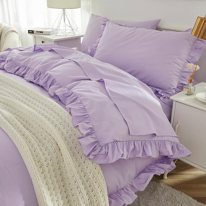 Brandream Kids Bedding Set Full/Queen Size 100% Organic Cotton Duvet Cover Shams Set for Girls 3pc, Delicate Ruffle Fringe Solid Color Soft and Breathable (Purple)