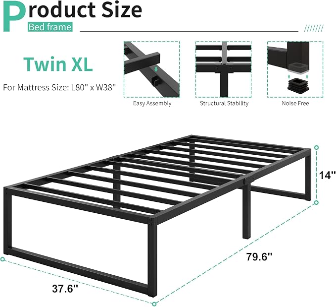 Lutown-Teen 14 Inch Twin XL Bed Frames with Heavy Duty Steel Slat Support | Sturdy Metal Platform Bed Frame No Box Spring Needed, Noise Free, Easy Assembly, Black