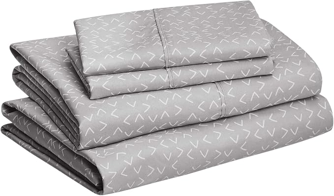 Amazon Basics Lightweight Wrinkle Free Breathable Microfiber 4 Piece Bed Sheet Set with 14-Inch Deep Pockets - Queen, Grey Arrows, Printed