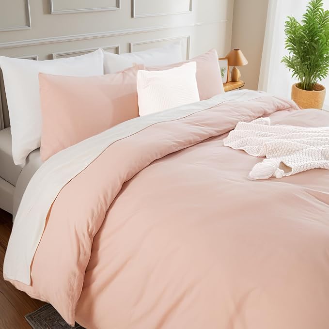 NEXHOME PRO Duvet Cover Set Twin Size Linen Feel Textured Organic Natural 100% Washed Cotton Duvet Cover 2 Pieces Bedding Set with Zipper Closure, Breathable, Dusty Pink(No Comforter)