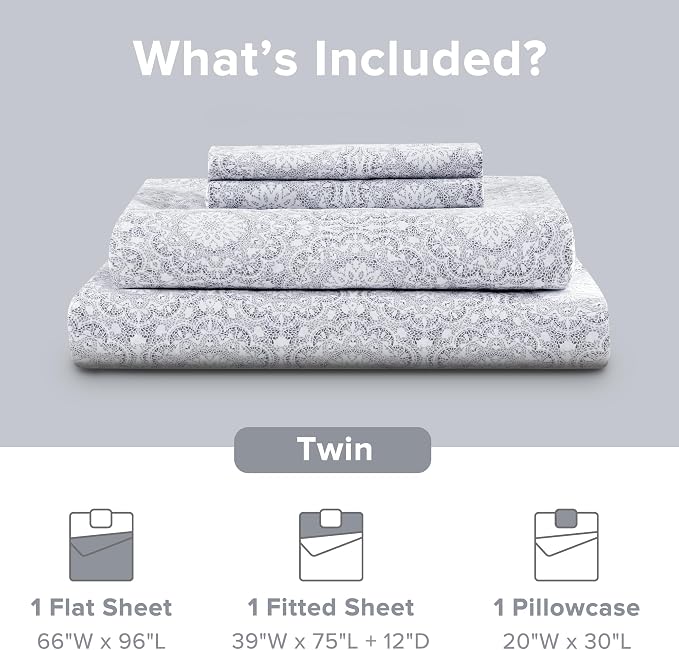 Comfort Spaces 100% Cotton Percale Sheets Twin Sheet Set 3 Pcs, Adelia Gray | Crisp, Cool & Breathable Bed Sheets, 12" Deep Pocket Fits Up to 14" Mattress, Lightweight, All Season Cozy, with Pillow Case