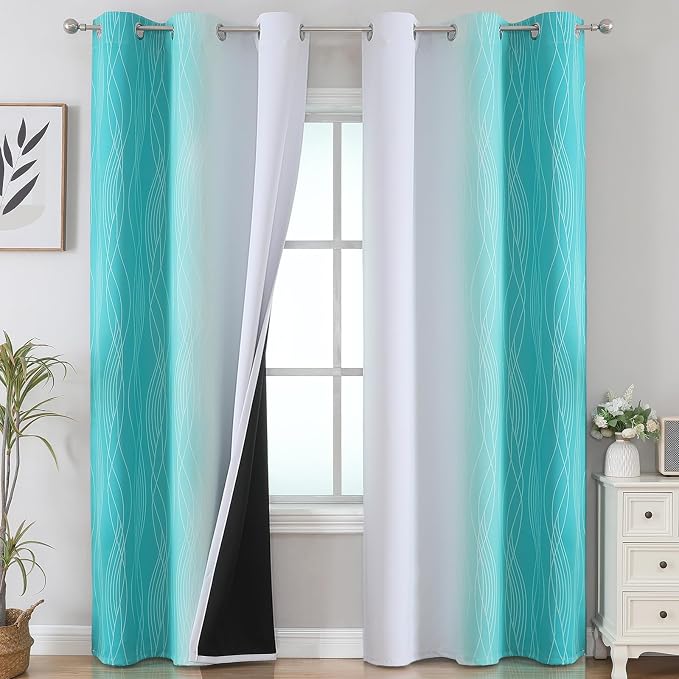 Teal and Grayish White Ombre Blackout Curtains for Living Room 84 Inch Long | Estelar Textiler Room Darkening Curtains for Bedroom,Thermal Insulated,Light Blocking Grommet Window Drapes,42Wx84L,2 Panels