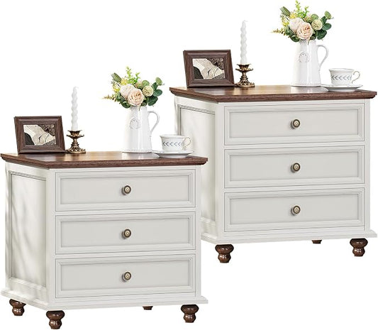 Joaxswe 24" Wide Farmhouse Night Stand Set of 2,Large End Table with 3 Drawers & Metal Handle,White Wood Dresser for Bedroom, Bed Side Table Chest of Drawers Cabinet, Nightstand for Living Room,Closet
