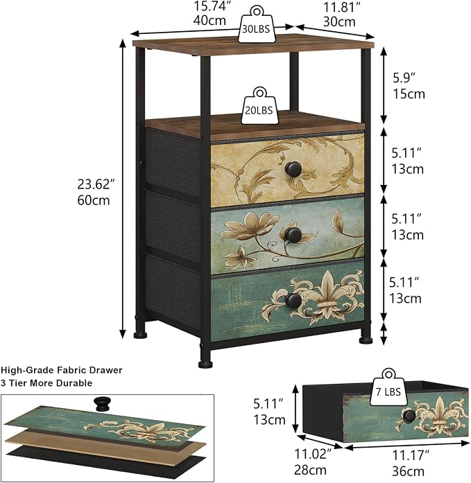 Tohomeor Nightstand with 3 Fabric Drawers Retro End Table with Storage Shelf Vintage Side Table for Bedroom Living Room Sofa Beside Farmhouse