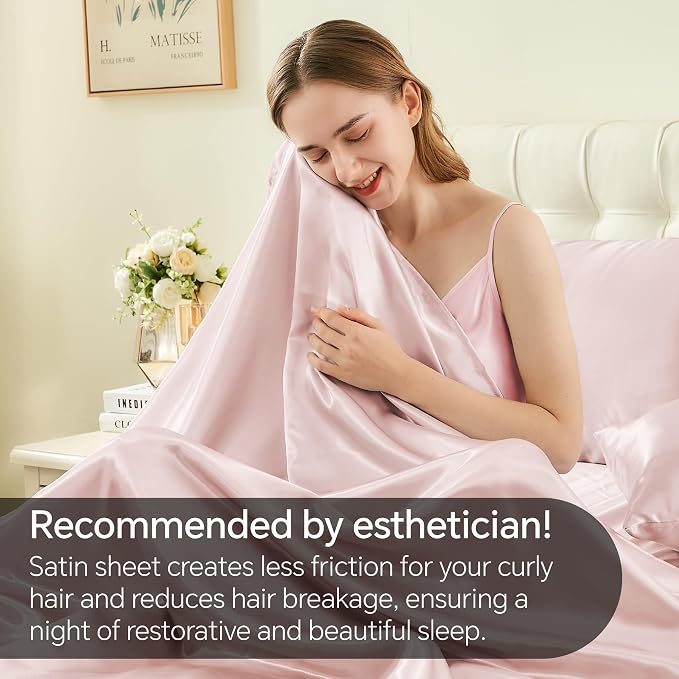 BEDELITE Satin Sheets California King Size Bed Set, Pink, 4 Pieces | Luxury Silky Bed Sheets, 15 Inch Deep Pocket, Similar to Silk, Soft and Cooling, Reduces Friction, Gentle on Hair and Skin