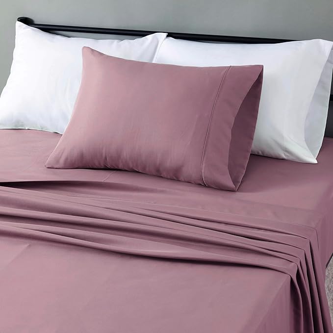 Amazon Basics Lightweight Super Soft Breathable Wrinkle-Free Microfiber 3-Piece Bed Sheet Set, Twin XL, Rose, Solid