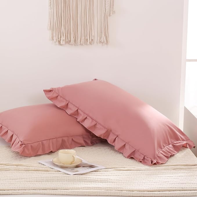 Merryword Pink Mocha Pillowcases King Pillowcases Ruffled Pillow Shams Set of 2 Cute Pillowcases Solid Ruffled Fringe Design Pink Shabby Chic Pillowcases 2 Pack (King (20''x36''), Pink Mocha)
