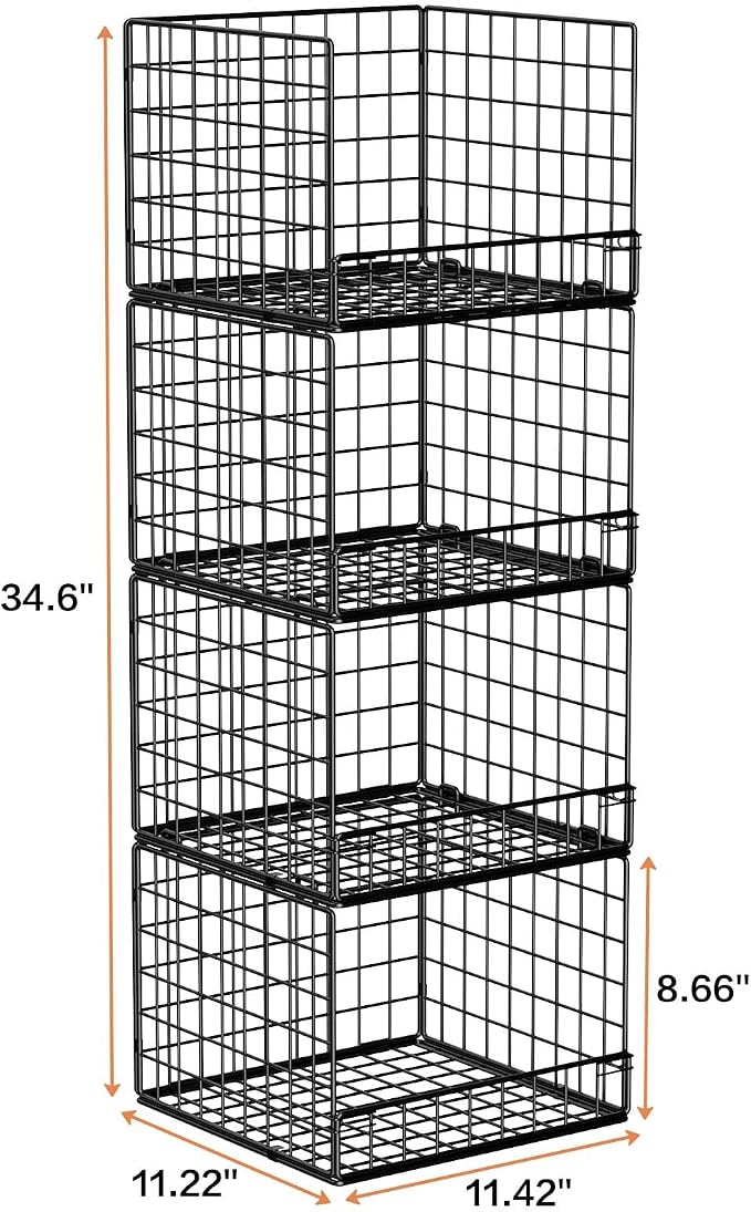 Stackable Closet Organizers and Storage Baskets, 4-Tier Closet Shelf Organizer , Space-Saving Clothes Storage Drawer, Foldable Clothes Storage Bins for Closet Organizer System, Black(Patent 30022416)