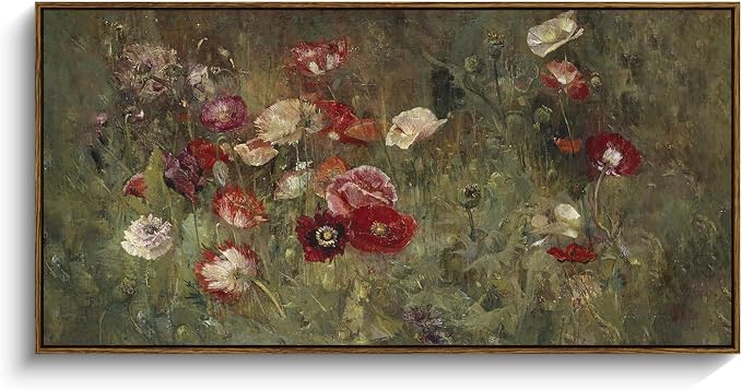 InSimSea Extra Large Framed Vintage Wall Art, Rustic Floral,40x20in | Poppy Farmhouse Picture, Canvas, Long Horizontal, Bedroom Above of Bed Fireplace Living Room