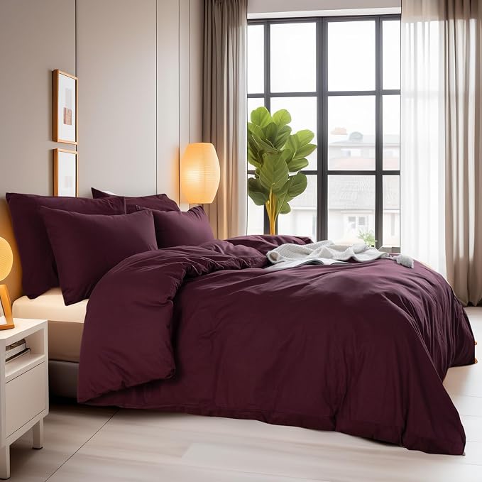 NEXHOME PRO Duvet Cover Set 100% Washed Cotton Full Size Linen Feel Textured Organic Natural 3 Pieces Bedding Set with Zipper Closure and Corner Ties, Breathable and Soft (Burgundy Red, No Comforter)
