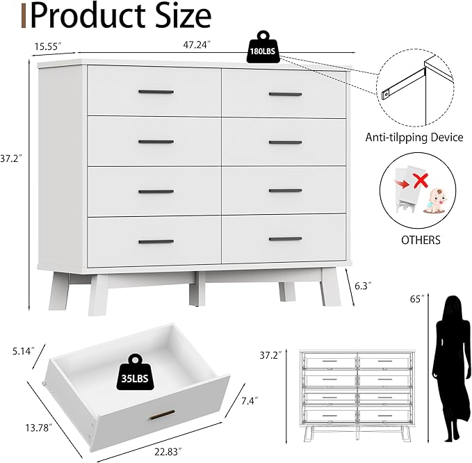 Xixini Dresser for Bedroom, 8 Drawer Wide Modern Chest of Drawers with X-Shaped Sturdy Base, Wood Double Dresser Closet Clothes Storage Organizer, Wooden TV Stand for Living Room, Hallway, White