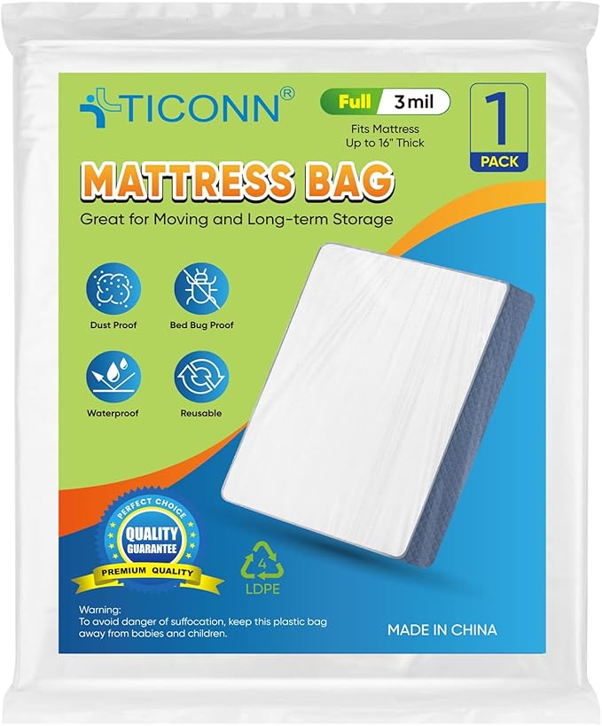 TICONN 1PK Plastic Mattress Bags for Moving, Waterproof Mattress Cover | 3D Gusset Design, Tear Resistant & Dust Protection, Multiple Sizes /Thickness Options, Reusable Mattress Protector