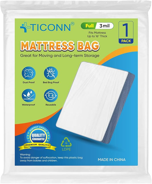 TICONN 1PK Plastic Mattress Bags for Moving, Waterproof Mattress Cover | 3D Gusset Design, Tear Resistant & Dust Protection, Multiple Sizes /Thickness Options, Reusable Mattress Protector