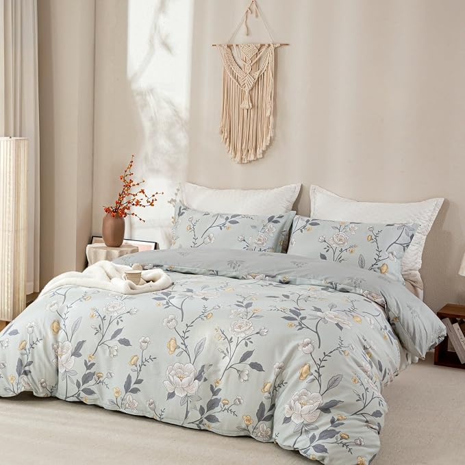 OAITE Twin Duvet Cover Set 3pcs 100% Cotton with Vintage Peony Floral | Soft, Breathable,Long-lasting,Comfort,Hidden Zipper,8 Corner Ties,Easy Care for All Season