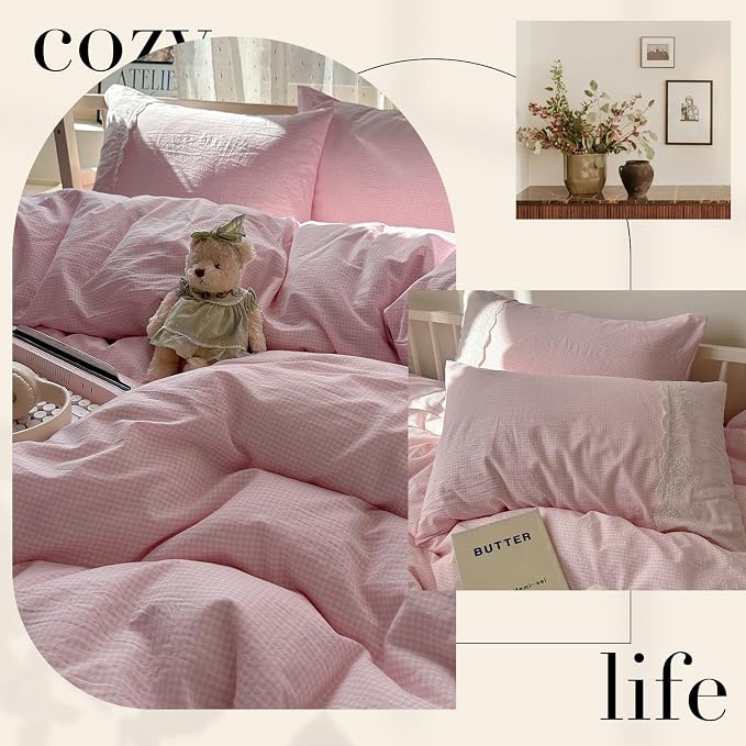 mixinni Pink Gingham Duvet Cover King Size - 3 Piece Cottagecore Plaid Bedding Set with Lace Trim, Soft Washed Microfiber Vintage Aesthetic Grid Comforter Cover & Pillow Shams, (Pink White Gingham)
