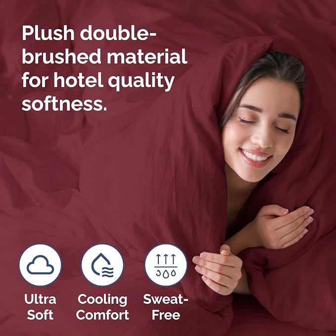 Duvet Cover King Size - Soft 3 Piece with Zipper Closure - Burgundy | Extra Soft, Breathable, King Duvet Cover 104" x 90" with 2 Pillow Shams, Zipper Closures & Ties, Women, Men, Kids & Teens