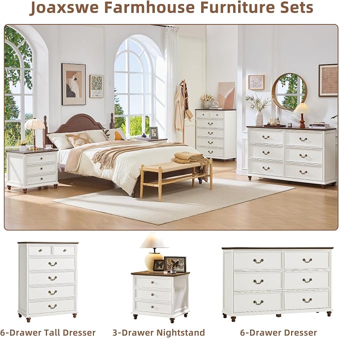 Joaxswe Farmhouse 6 Drawers Dresser for Bedroom, Vintage 54" Wide Chest of Drawers w/ 4 Wooden Legs, Rustic Large Closet Storage Dressers Organizer for Hallway, Wood TV Stand for Living Room, White
