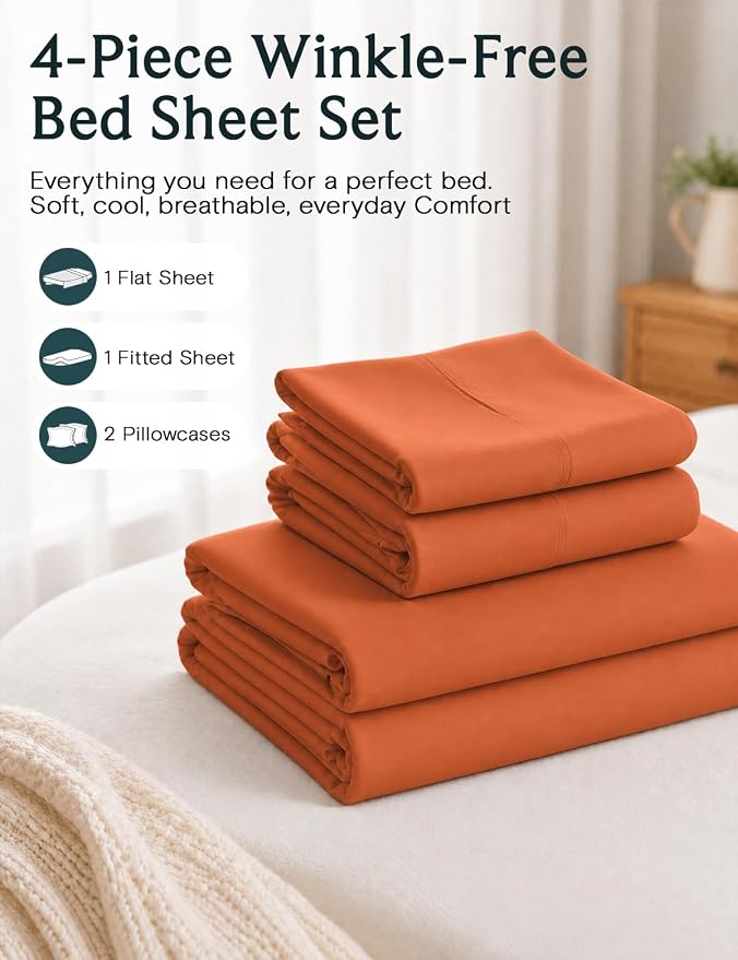 LuxClub King Size Sheets Set, Deep Pocket King Sheets Bed Sheets 4PC, Cooling Sheets King Sized Breathable, Soft Hotel Luxury Bedding Wrinkle Free, Silky Fitted Sheet & Pillowcase Sets, Autumn Orange | LuxClub Silky Fitted Sheet & Pillowcase Sets, Brea...