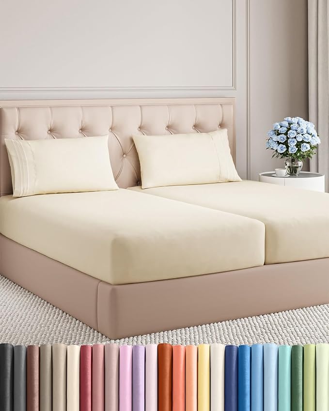 Split King Size 5 Piece Sheet Set - Breathable & Cooling Sheets - Off White | Hotel Luxury Bed Sheets for Women & Men, Deep Pockets, Easy-Fit, Comfy, Soft and Wrinkle Free Sheets, Oeko-Tex Bed Sheet Set