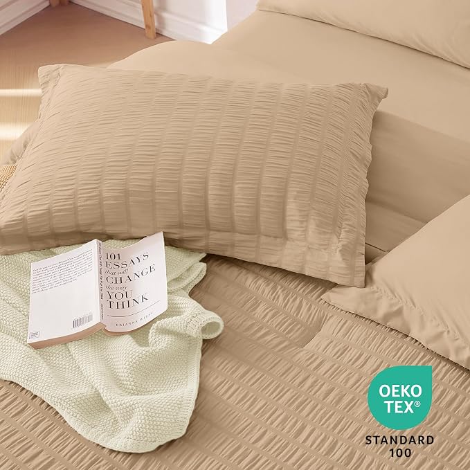 7 Pieces Queen Comforter Set, Seersucker Bed in a Bag Queen Size, All Season Luxury Bedding Set with Comforter, Flat Sheet, Fitted Sheet, Pillowcases & Shams, Khaki