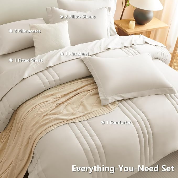 Oversized King Comforter Set Beige- 7 Pieces Bed in a Bag | OEKO-TEX Certified, 240GSM Down-Alternative Comforter, 14" Deep-Pocket Sheets, Shams & Pillowcases, Lightweight