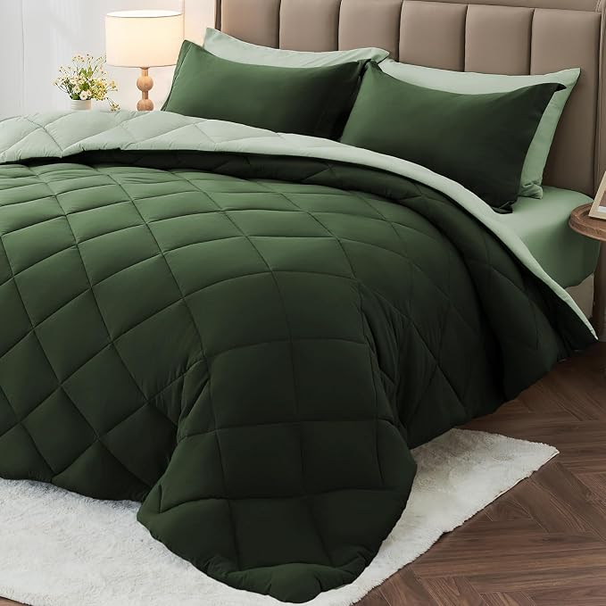 7 Pieces Oversized King Comforter Set, Reversible Bed in a Bag Oversized King, All Season Bedding Set with Comforter, Flat Sheet, Fitted Sheet, Pillowcases & Shams, Dark Green & Light Green