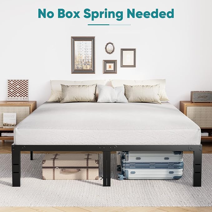 OLIXIS Queen Metal Platform Bed Frame - 14in High Heavy Duty Mattress Foundation with Storage Space, No Box Spring Needed, Sturdy Steel Slat Support, Easy Assembly, Black