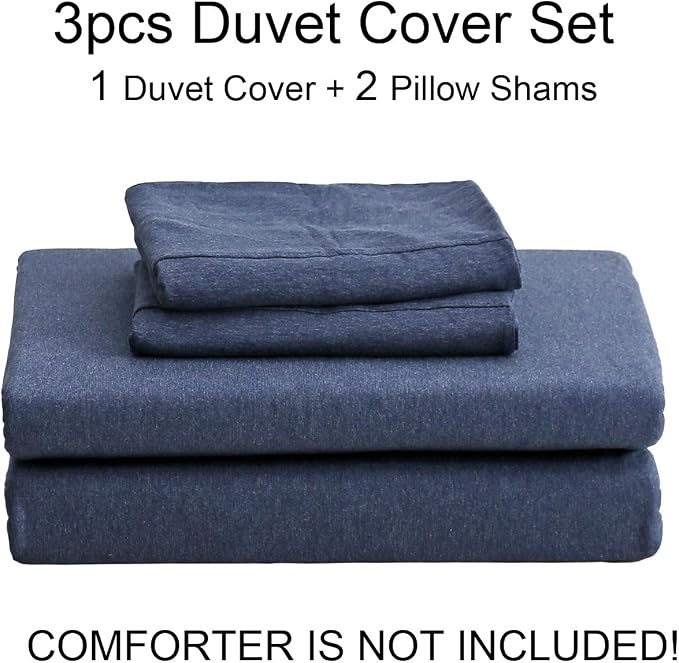 PURE ERA Jersey Knit Sheet Set Heather Navy Blue Queen | 100% Cotton, 3 Piece Set, T Shirt Soft, Breathable, Envelope Closure Pillowcases, Hidden Zipper, 8 Ties, No Insert, Modern