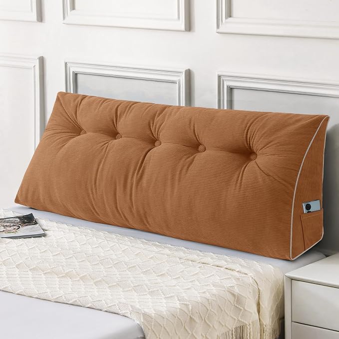Sasttie Headboard Pillow Full, Wedge Pillow Headboard, Caramel | Triangle Backrest Cushion for Sitting or Reading in Bed, Dorm Essentials, OEKO-TEX, Down Alternative Fill, Side Pockets