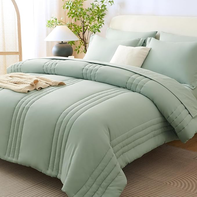 Full Size Comforter Sets Sage Green- 7 Pieces Bed in a Bag | OEKO-TEX Certified, 240GSM Down-Alternative Comforter, 14" Deep-Pocket Sheets, Shams & Pillowcases, Lightweight