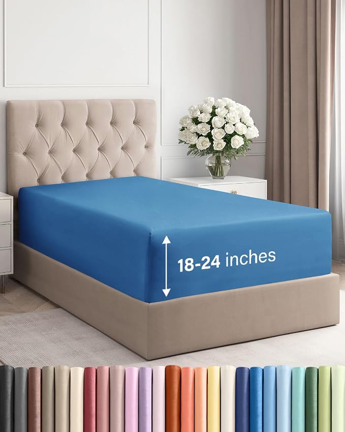 Deep Twin XL Fitted Sheet - College Dorm Room Essentials - Royal Blue | Easily Fits 18 inch to 24 inch Mattress, Wrinkle Resistant, Soft, Breathable & Comfy, Extra Deep Pockets Fitted Sheet