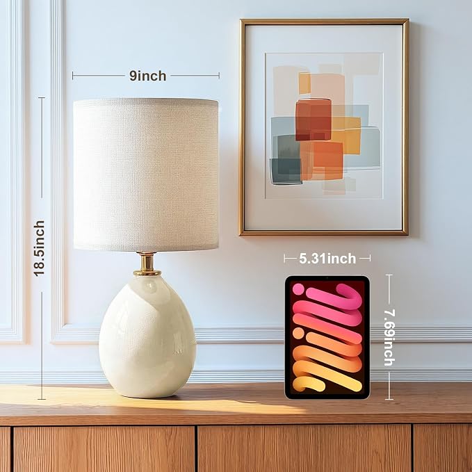 18.5" Ceramic Table Lamps Set of 2 for Living Room Bedroom, White | Bedside Lamps for Bedroom Nightstand, Ice Crackle Home Bedroom Living Room Decor, Linen Fabric Shade, 3-Color Temperature