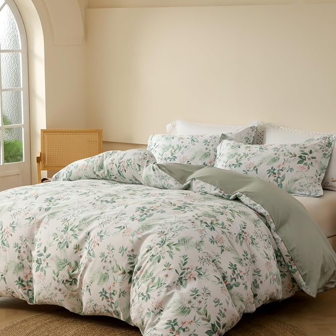 OAITE Queen Duvet Cover Set 3pcs 100% Cotton with Green Botanical Floral | Soft, Breathable,Long-lasting,Comfort,Hidden Zipper,8 Corner Ties,Easy Care for All Season