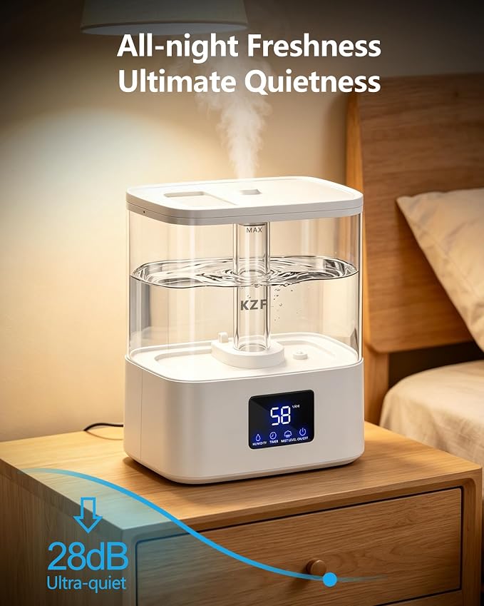 KZF 4L Top Fill Humidifiers for Bedroom & 40H Runtime - Cool Mist Humidifier, 3 Mist Levels, 8H Timer, Essential Oil Tray, Humidity Display, Quiet for Baby, Plants, Large Room (White, 4L)