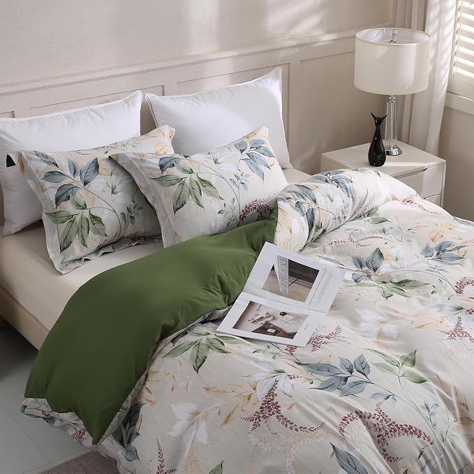 LONAVA King Botaincal 3 Pcs Duvet Cover Set, Breathable Soft Microfiber Forest Green Lining Comforter Cover with Zipper Closure, and 2 Anti-Pilling, Fade Resistant Pillowcases, Lavender