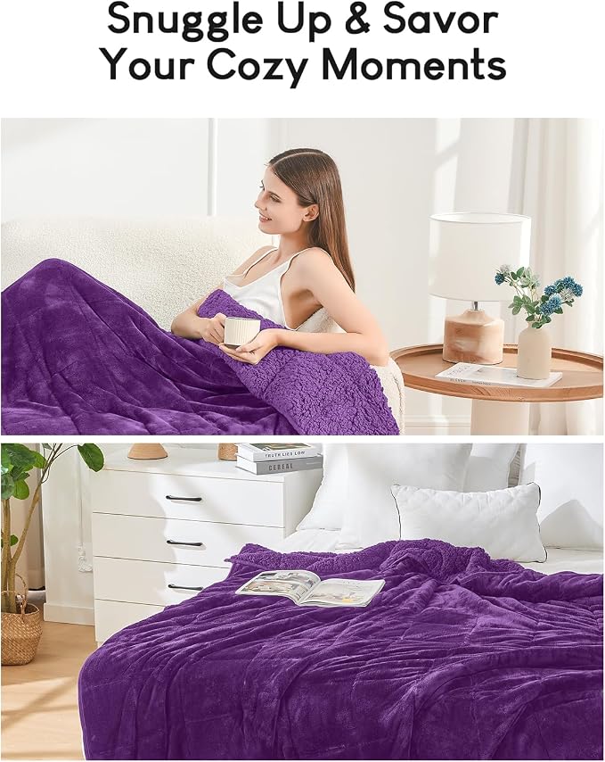 Cottonblue Fleece Weighted Blanket 15 lbs for Adults Twin Size 48x72in Soft | Cozy Flannel Sherpa Weighted Blankets Throw Comfortable for Calm Sleep Relax, Warm Fuzzy Purple Heavy Blanket for Bed Couch