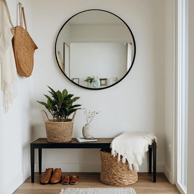 Black Round Mirror 34 inch, Circle Wall Mirror, Matte Metal Frame | High Definition Mirror, Rust-resistant, Easy Installation, Suitable for Bedroom, Hallway, Entryway, Living Room, Bathroom