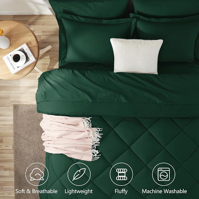 California King Comforter Set Emerald Green - 7 Pieces Bed in a Bag | OEKO-TEX Certified, All Season, 240GSM Down-Alternative Comforter, Sheets, Pillowcases & Shams, 14" Deep Pocket, Easy Care