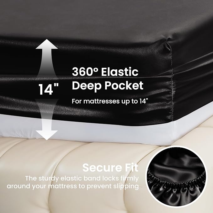Love's cabin Twin XL Satin Sheet Sets - 3 Piece Black Silky Bed Sheets with Deep Pockets, Luxury Silk Feel Satin Sheet Set Twin XL (1 Flat Sheet,1 Fitted Sheet,1 Pillow case)