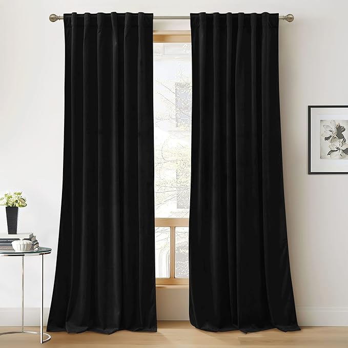 RYB HOME Black Velvet Blackout Curtains 96 inches for Bedroom Living Room | Thermal Insulated,Privacy UV Block,OEKO-TEX Certified,Luxury Window Decor for Dining Room Sliding Door,W52 x L96,2 Panels