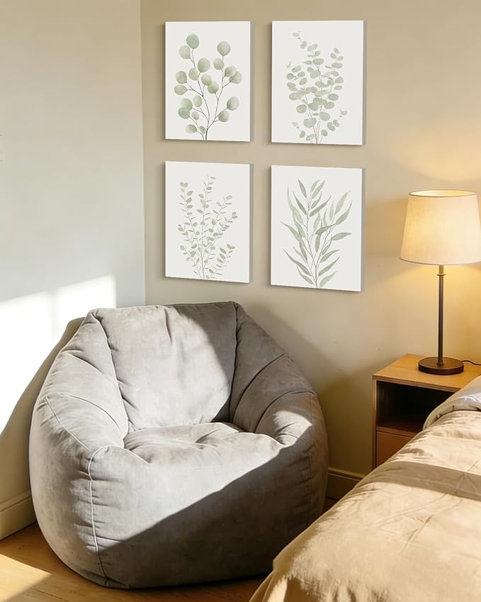 Drsoum Botanical Plant Framed Wall Art Boho Wall Decor for Bathroom Sage Green Eucalyptus Leaf Prints Minimalist Aesthetic Ready to Hang Set of 4, 12x16 in (Framed)