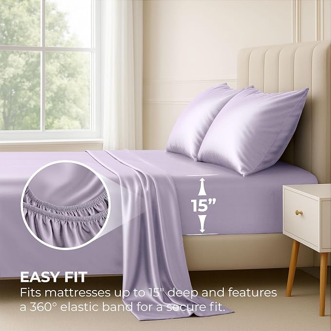 Satin Sheets Full [4-Piece, Lavender] Hotel Luxury Silky Bed Sheets - Extra Soft 1800 Microfiber Sheet Set, Wrinkle, Fade, Stain Resistant - Deep Pocket Fitted Sheet, Flat Sheet, Pillow Cases