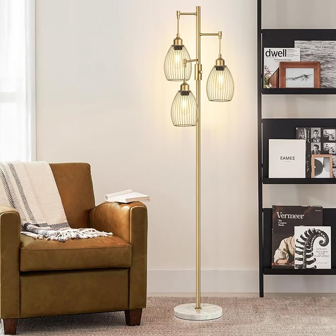 Torondo Dimmable Floor Lamps for Living Room, Industrial Standing Lamp with Marble Base, Gold Tree Tall Pole Light with 3 Elegant Teardrop Cage Head & 800 Lumens LED Bulbs for Bedroom Office