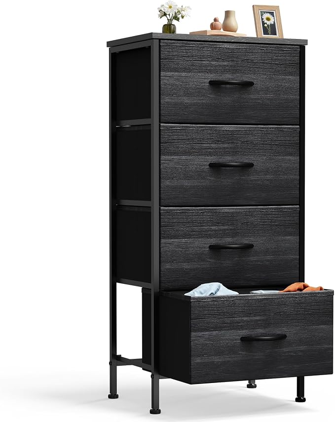 DUMOS Nightstand with 4 Drawers Bedside Table with Removable Fabric Bins Sturdy Steel Frame Wood Top Organizer Furniture for Bedroom Closet Living Room,Black Wood Grain