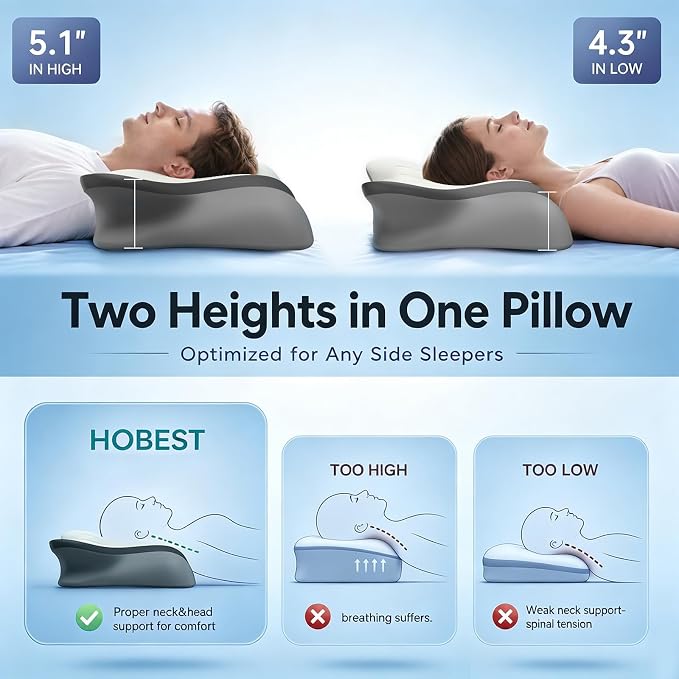 Pain Relief Cervical Neck Pillow, Ergonomic Contour | Q-Max Cooling | Non-Temperature Memory Foam | Side/Back/Stomach Sleeper Support for Sleeping, Reading, Scrolling,(White & Dark Grey)