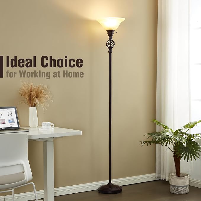 GyroVu Torchiere Floor Lamp for Living Room, LED Standing Reading Light | Yellow Glass Lampshade, 72" Vintage Tall Lamps for Corner Bedroom Home Office, Bulbs Included